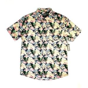 MASSIVE Short Sleeve Button Up Men's Shirt Pink Flamingo Tropical Shirt Size Med
